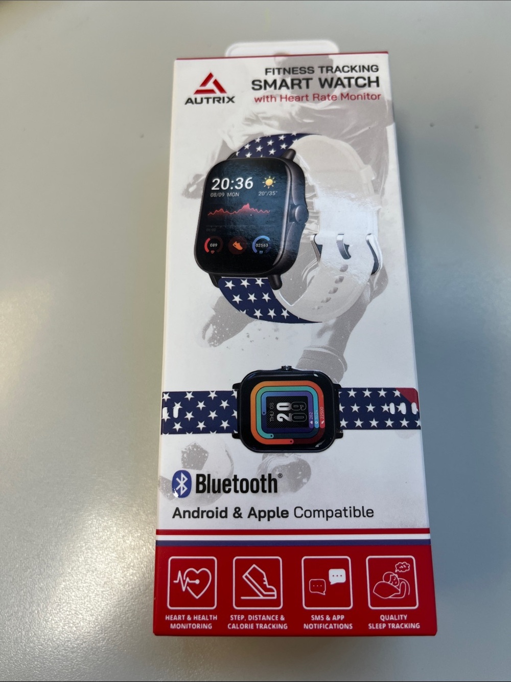 Smart Fitness Watch with Navy Stars & White Band